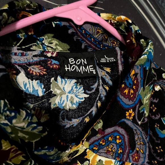 Bon Homme Button-Up Shirt Men's L Black Rayon Paisley Print Casual Outdoor Beach - Picture 2 of 6